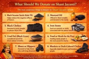 Donate on Shani Jayanti, What Should We Donate on Shani Jayanti? The most auspicious things to donate on Shani Jayanti include: Black Sesame Seeds (Kala Til) – Helps reduce the negative effects of Saturn. Mustard Oil – Offered in Shani temples and donated to the needy. Black Clothes – Donated to poor people to please Shani Dev. Iron Items – Such as utensils or tools associated with the planet Saturn. Urad Dal (Black Gram) – Considered sacred for Shani-related remedies. Food or Meals for the Poor – Feeding needy people is the most powerful charity. Shoes or Slippers – Donated to help those who walk long distances. Blankets or Dark-Colored Clothes – Especially helpful for poor and homeless people. Donating these items with sincerity on Shani Jayanti is believed to reduce Shani Dosha, remove obstacles, and bring blessings and protection from Shani Dev.