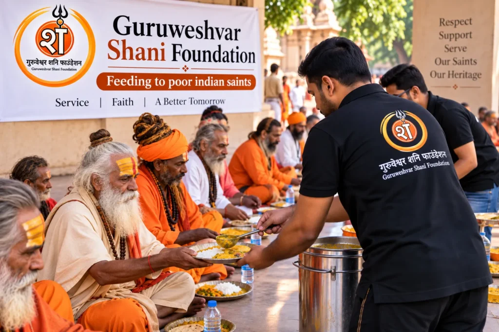 Volunteers serving meals to saints and sadhus